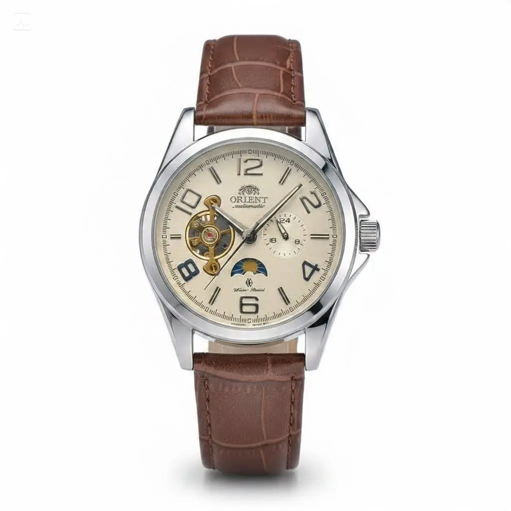 Silver Case Automatic Men’s Dress Watch, Beige Dial with Brown Crocodile Texture Leather Strap, Retro Numeral Markers, Moon Phase & Small Seconds Display, Self-winding Mechanical Watch, Elegant Business Wristwatch
