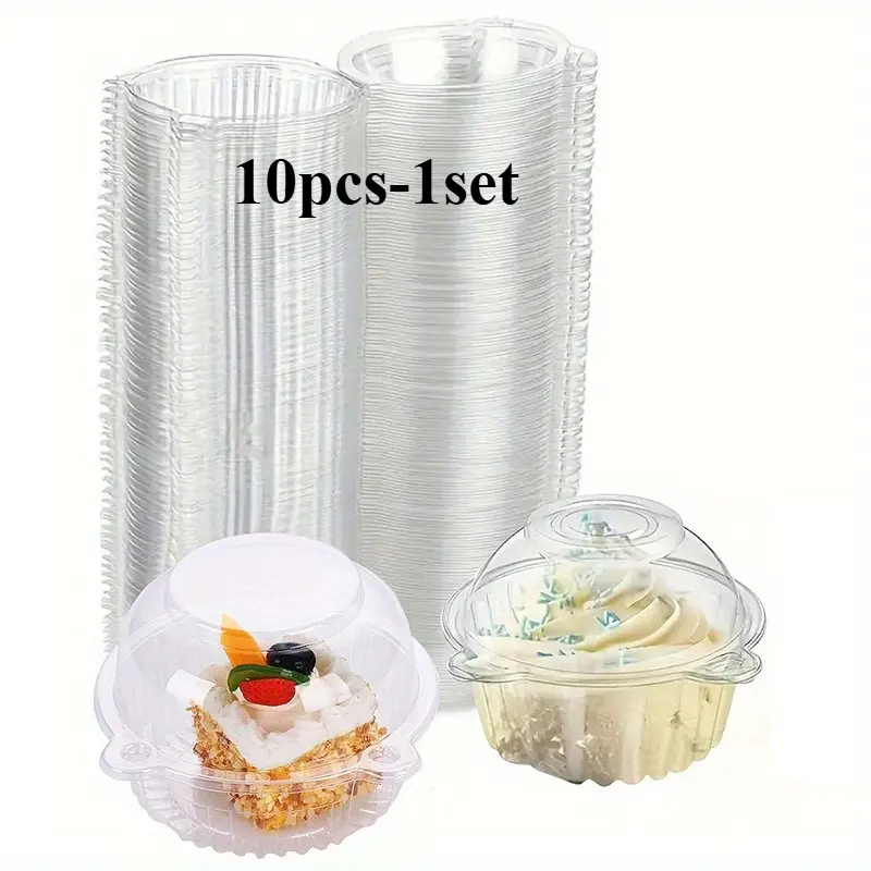 10pc Disposable Clear Plastic Packaging Box with Cover - Plastic Hinged Food Container for Desserts To-Go, Fruit, Bread, Party Favor Cake - Cupcake Boxes Individual