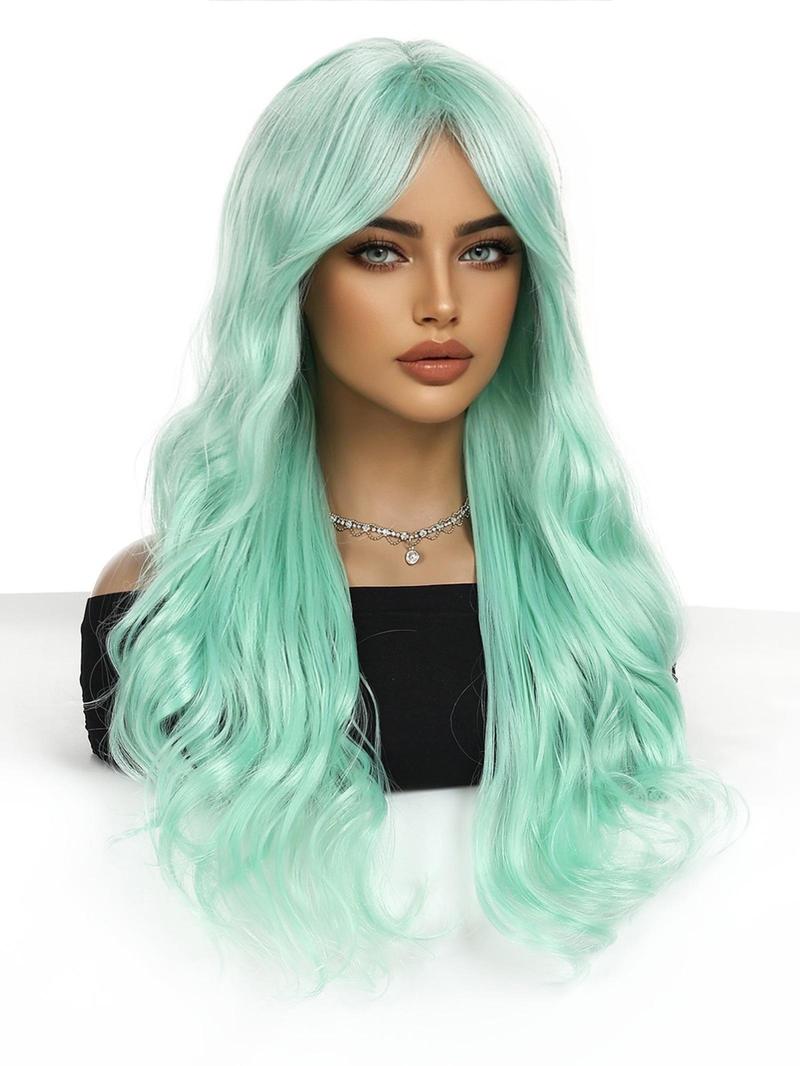 26 Inch Mint Green Long Curly Wigs for Women, Gorgeous Fluffy Wigs with Blunt Bangs, Synthetic Full Machine Wigs for Party, Daily Use