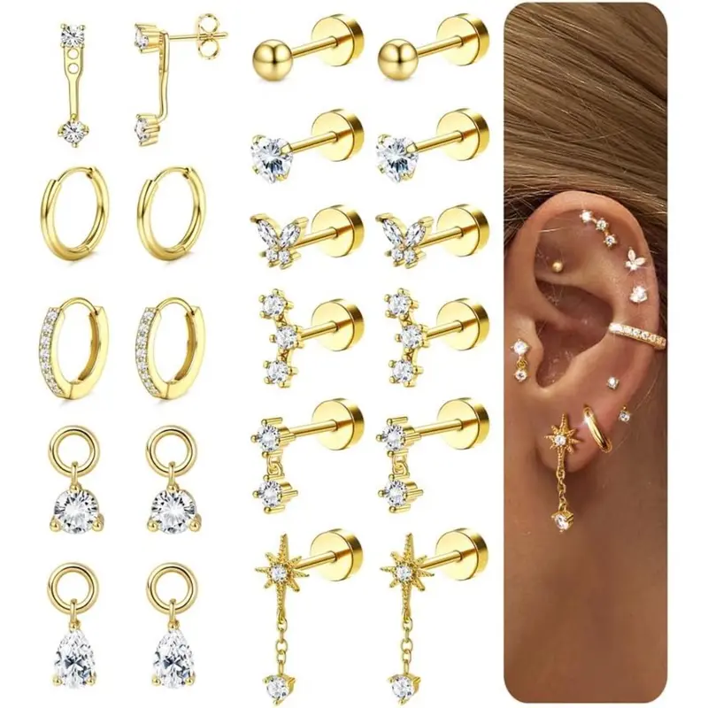 CASSIECA Hypoallergenic 14K Gold Plated Surgical Steel Flat Back Earrings Set, Dainty Stacking Studs & Hoops for Piercings, Helix Piercing Earrings, Cartilage, Tragus, Daily Wear Sohochic