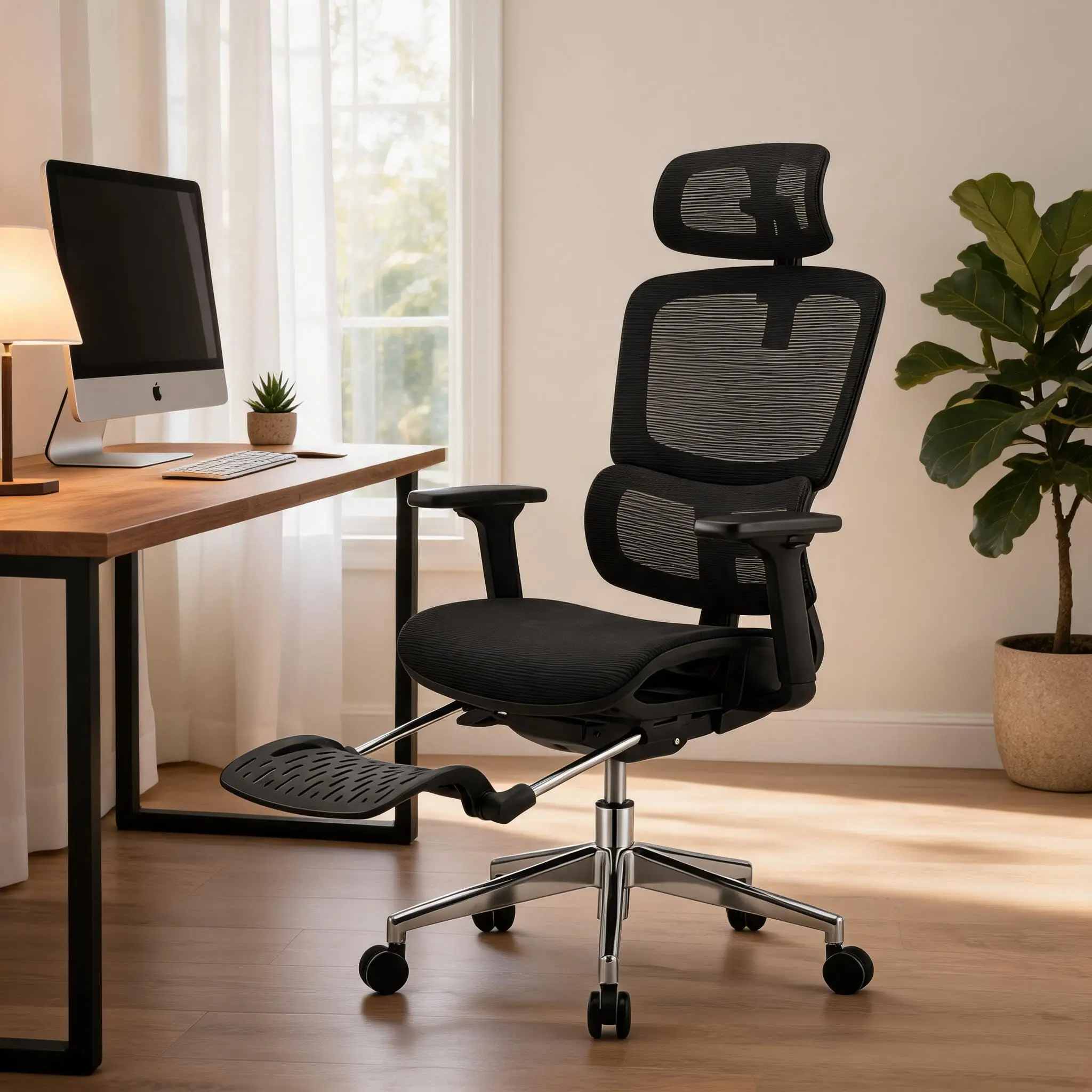 Ergonomic High Back Mesh Office Chair - 4D Adjustable Armrests, Dynamic Lumbar Support, Footrest, Adjustable Headrest, Silent Casters, 350lbs Capacity - Breathable Executive Desk Chair, Grey