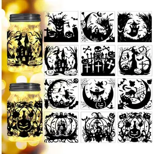 Halloween Elements Decor Silhouette Cutouts for Mason Can Glass Jar Wishing Bottle Lantern Decor(No Stickers),12Pcs Reusable Silhouette for DIY Craft Kit Jar Decals Art Mural Home Garden