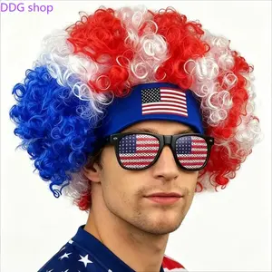 2Pcs USA Patriotic Party Accessory Kit, Red White Blue Afro Curly Wig with Flag Headband & American Flag Sunglasses, Adult Cheer Outfit for 4th of July Independence Day Celebration