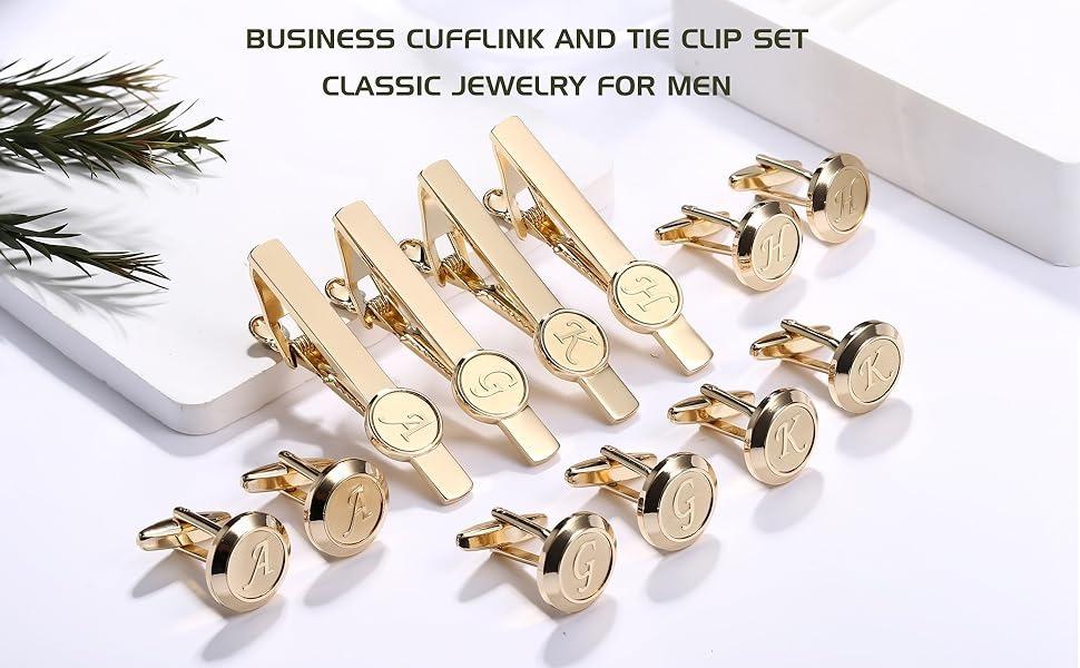 Drperfect Initial Cufflinks and Tie Clip Set for Men Personliazed Stainless Steel Cuff Links Tie Bar and Tie Pin Letter Alphabet A-Z for Wedding, Groomsmen, Husband, Father