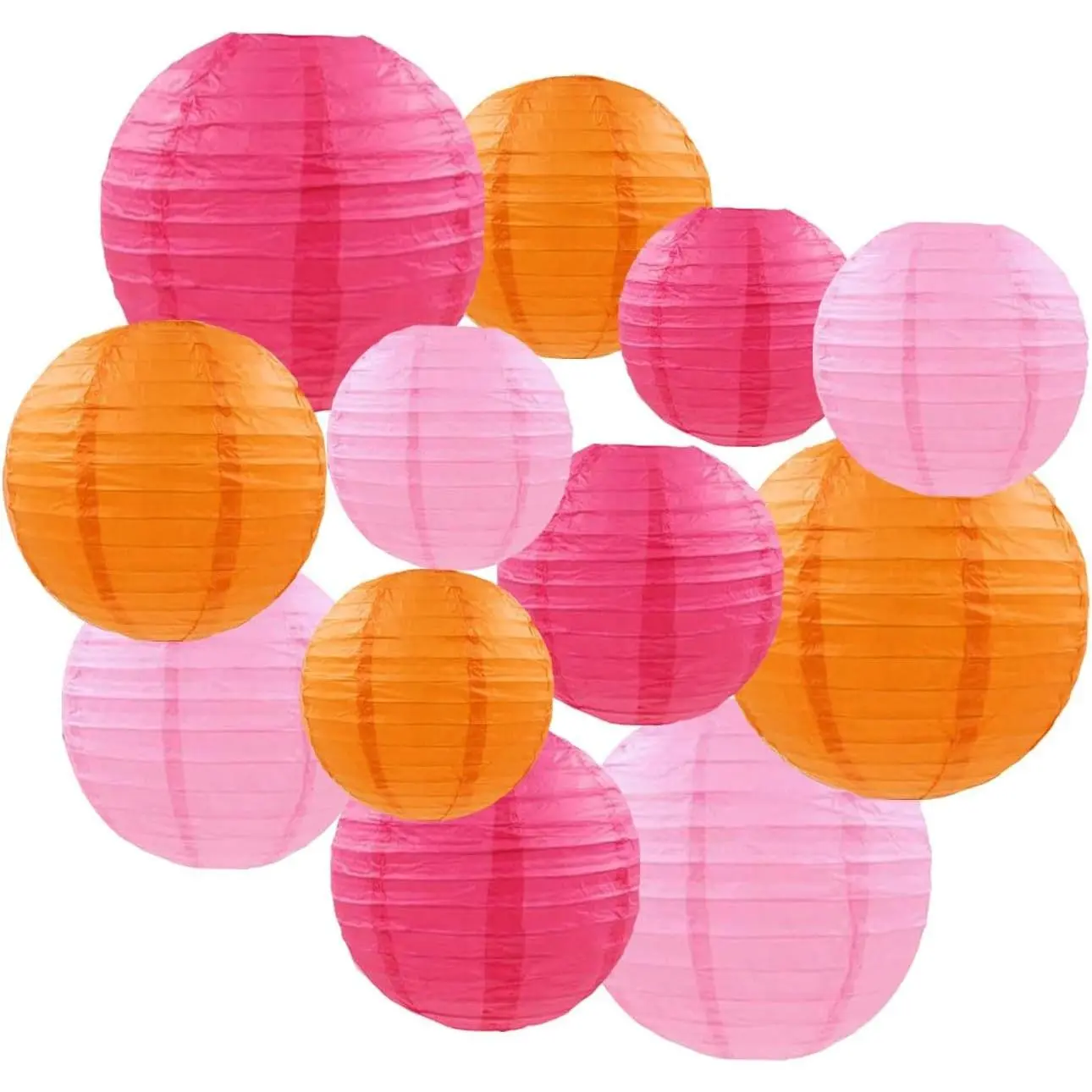 12pcs Multi-Size Decorative Hot Pink & Orange Round Paper Lanterns - Ceiling Hanging Paper Lampshades, for Birthday, Wedding Party Decorations (4", 6", 8", 10")