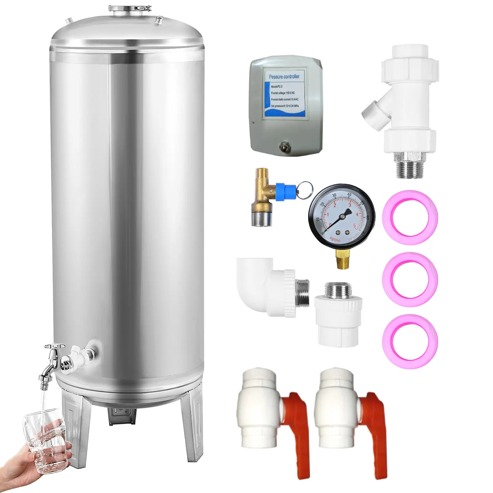160L Stainless Steel Automatic Vertical Well Pump Pressure Tank with Pressurized Bladder, Pressure Gauge, Drain Outlet Ball Valve – Water Storage Container for 1-2 People (Home Improvement, Garden Watering & Irrigation Supplies: Farms, Factories)