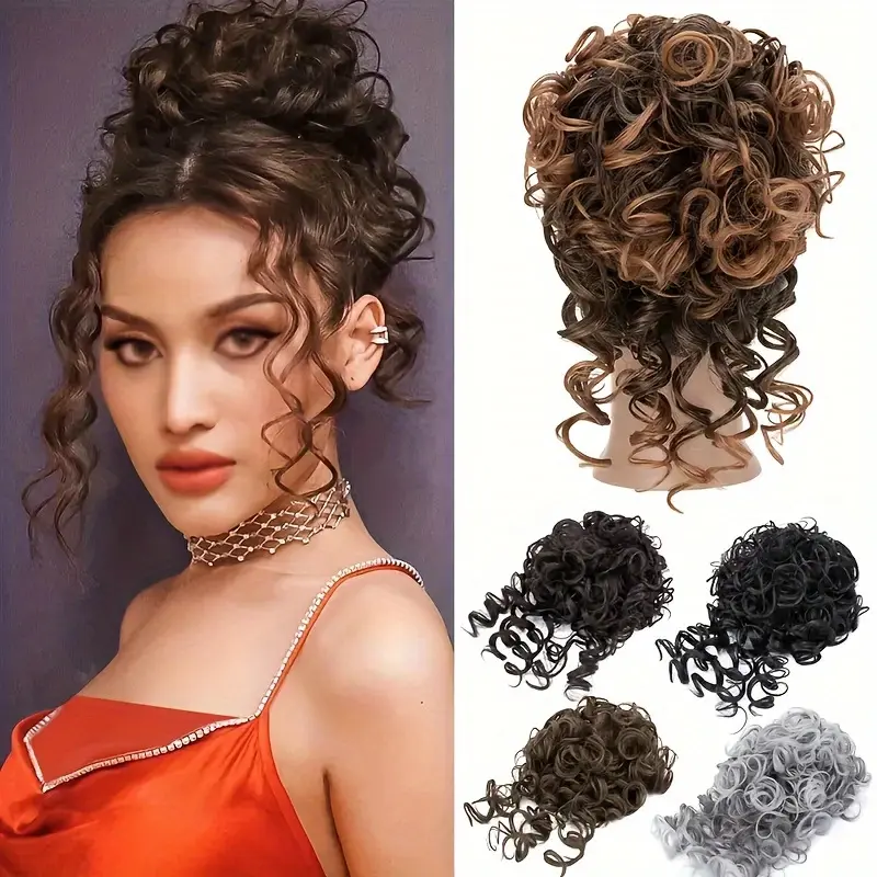 Synthetic Hair Extension - Extra-Thick Curly Wavy Drawstring Ponytail Chignon, African Messy Hair Accessory for Women, Synthetic Pe, All Seasons