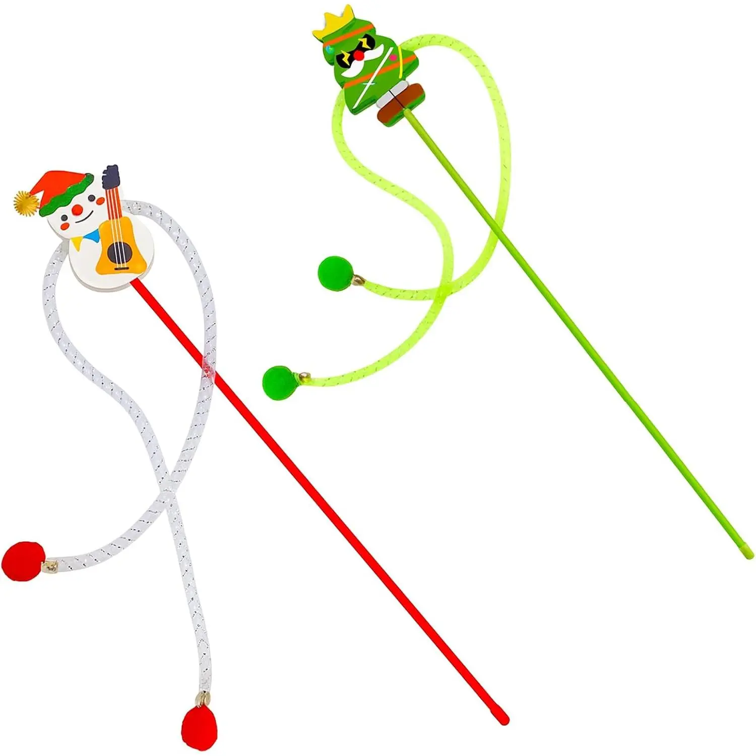Christmas   Wand Set of 2 – Interactive  Teaser Wands with Snowman and Christmas Tree Designs, Holiday  Toys with Bells and Pom-Poms for Indoor Cats and Kittens