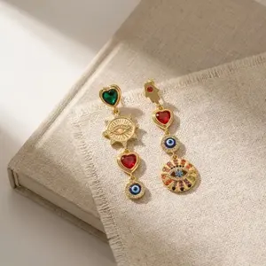 Vintage Gothic Devil Eye Motif Heart Rhinestone Earrings, Long Party Jewelry for Women, Unique Design Statement Ear Cuffs,Gothic Accessories, Party Ready, Heart Shape Accent, Gothic Fashion