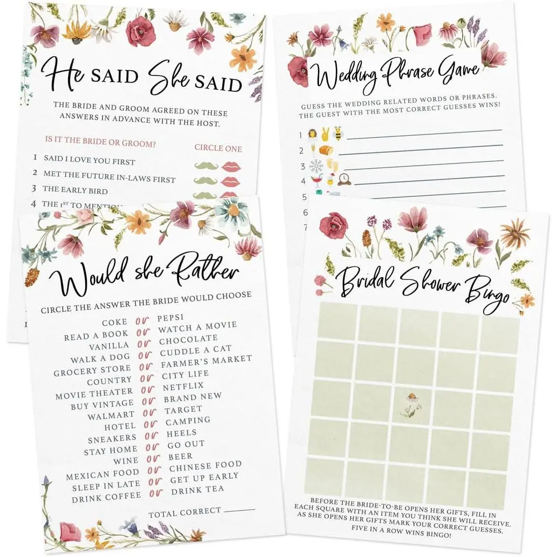 Bridal Shower Game Set 4 Fun Games for 30 Guests Includes Bingo He Said She Said Bride & Groom Trivia Wedding Phrase Guessing Game Love In Bloom Wildflower Design