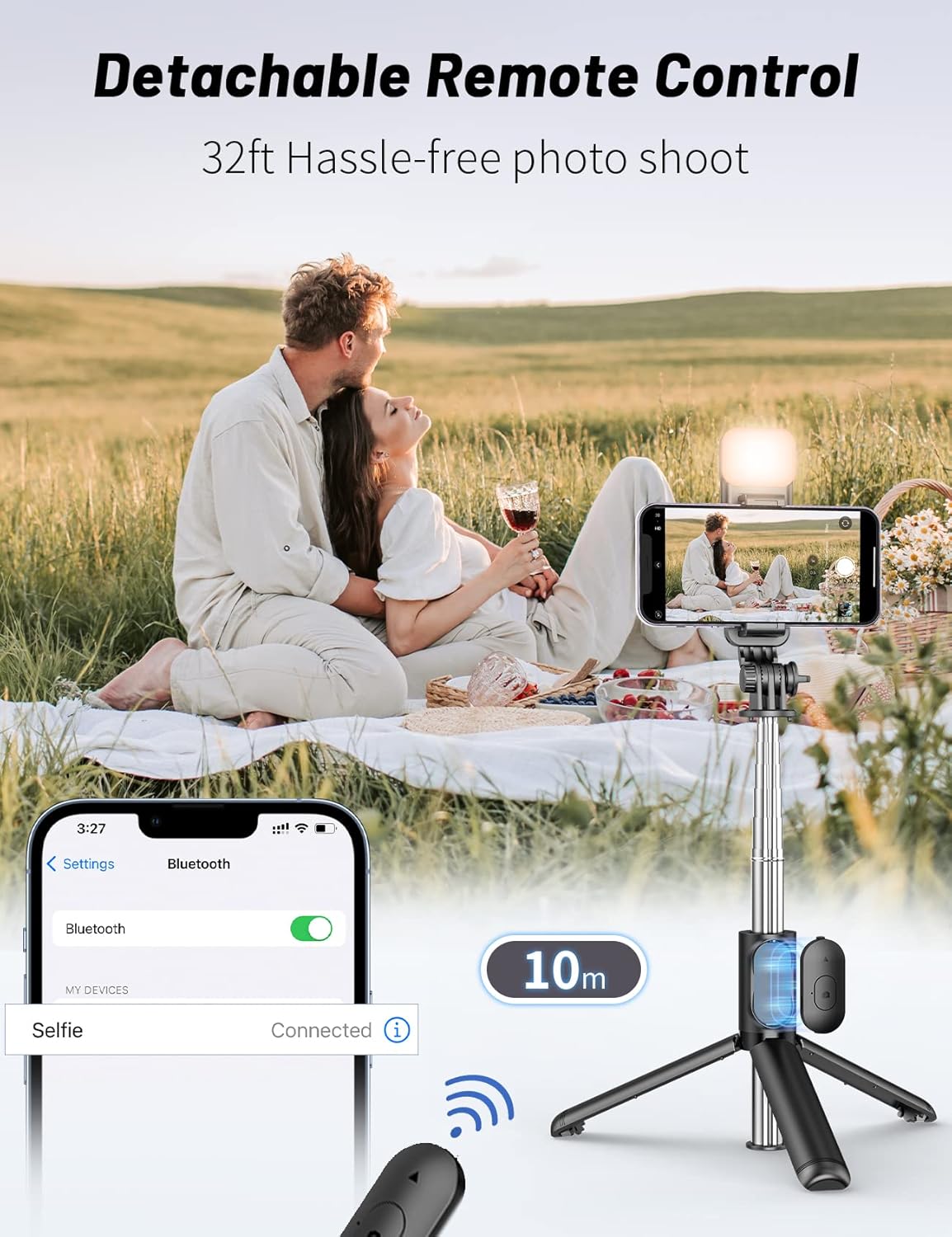 41" Selfie Stick Tripod with Rechargeable Fill Light, Portable Extendable Tripod with Bluetooth Remote, 3 Light Modes, 9 Brightness Levels, Phone Holder for Vlog, Live Streaming
