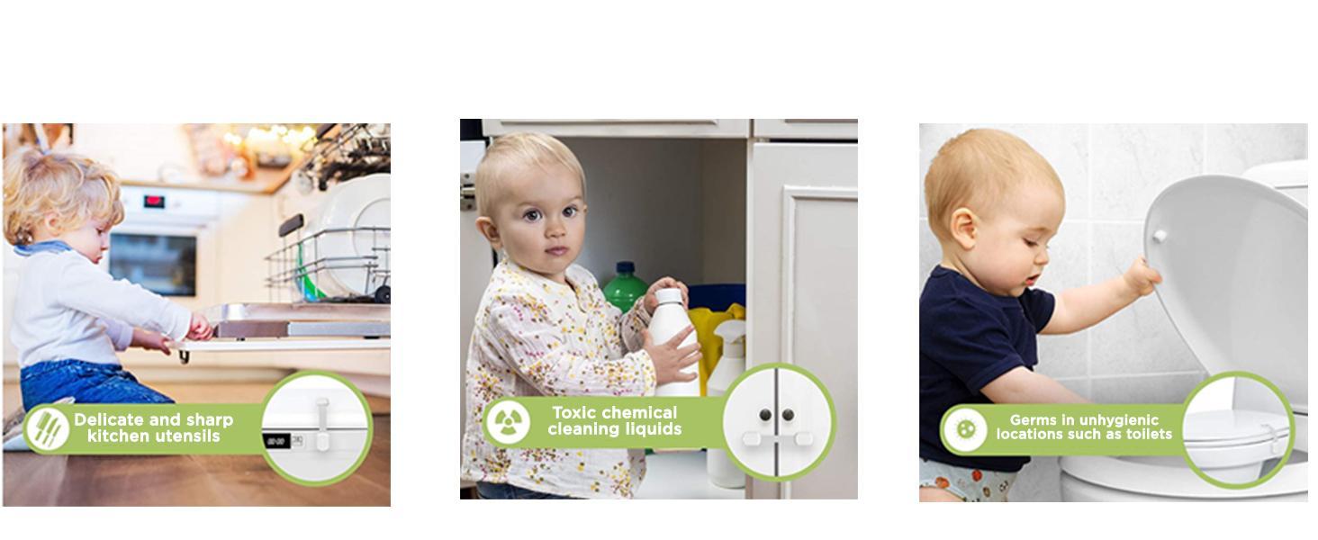 Baby Proofing Child Safety Locks (2 Pack) - The Safest, Quickest and Easiest 3M Adhesive Cabinet Latches, No Screws & Magnets, Multi-Purpose for Furniture, Kitchen, Ovens, Toilet Seats