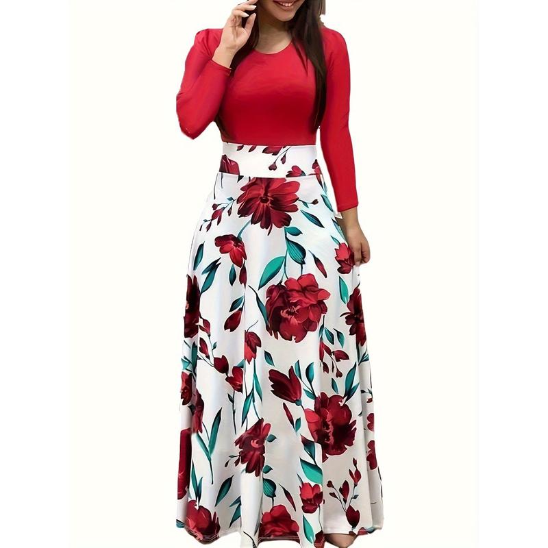 Long Sleeve Elegant Floral Print Maxi Dress, Crew Neck Pleated Women's Clothing Womenswear Geometric