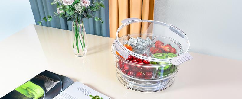 Condiment Tray【with 360° rotating turntable】 with Stainless Steel 5 Spoons, 5 Forks and 1 Clip, Condiment Server, Bar Garnish Holder on ice, Compartment Tray with Lid