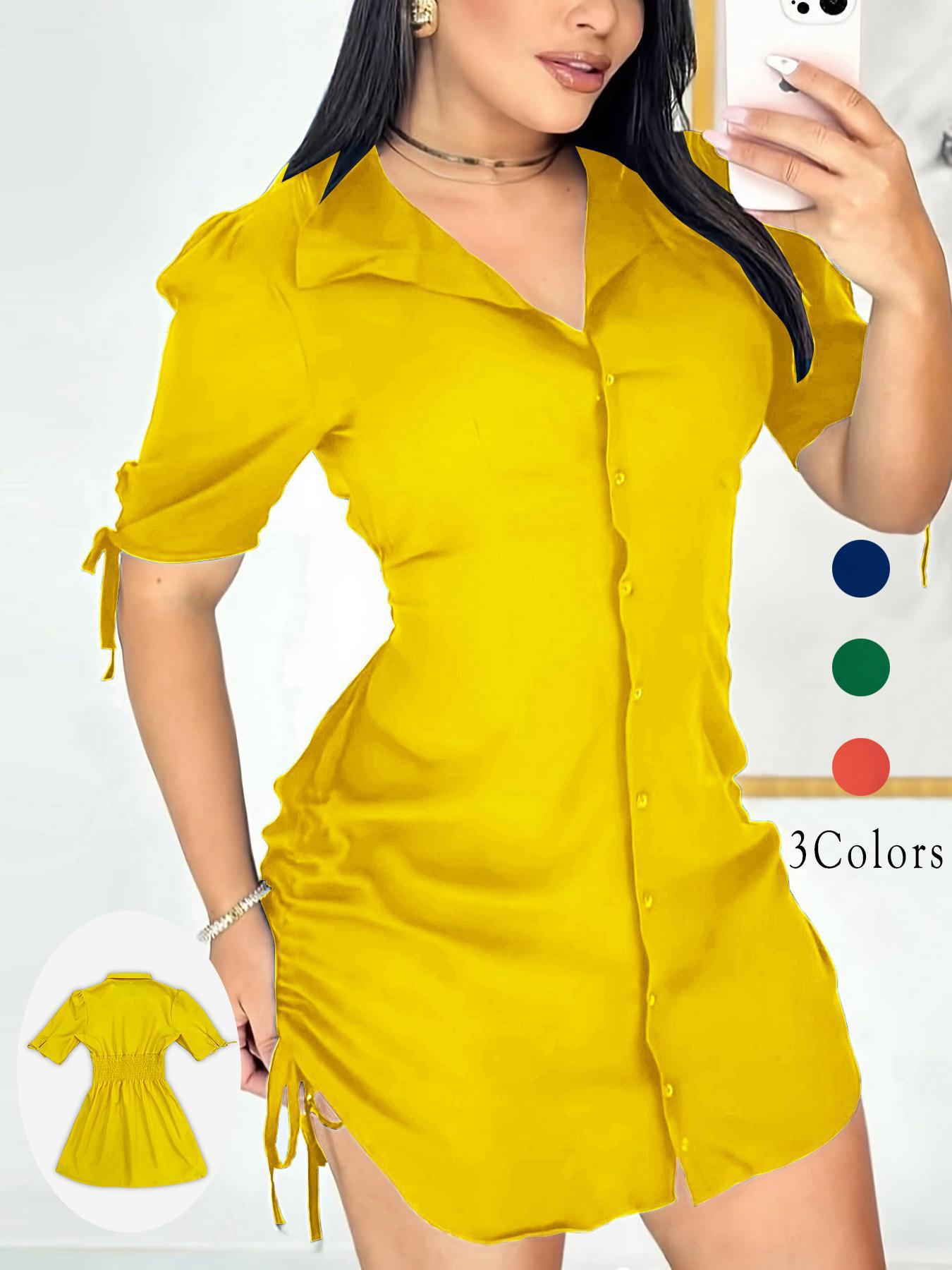 Women's Button Front Mini Dress, Lightweight Versatility, Split Hem Design, Adjustable Waist Tie, Ideal for Spring Summer Autumn