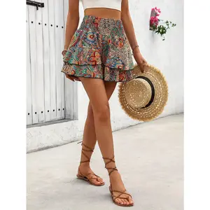 Women's Fashion Casual Random Print Waist-Cinched Wide-Leg Shorts