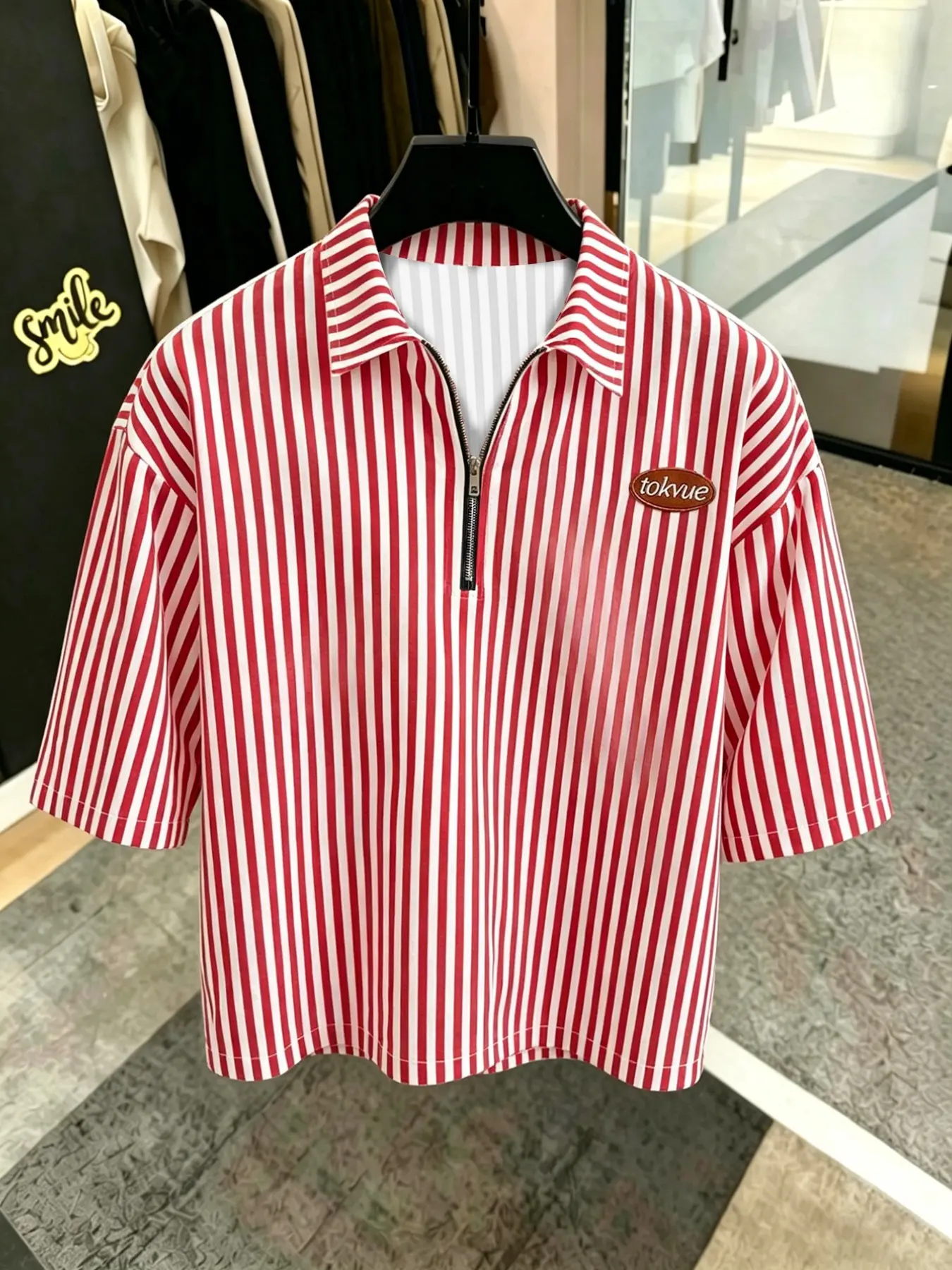 Unisex Striped Polo Shirt, Front Patch Design, Woven Fabric, Half Zipper, Casual Fashion, Summer Daily Wear