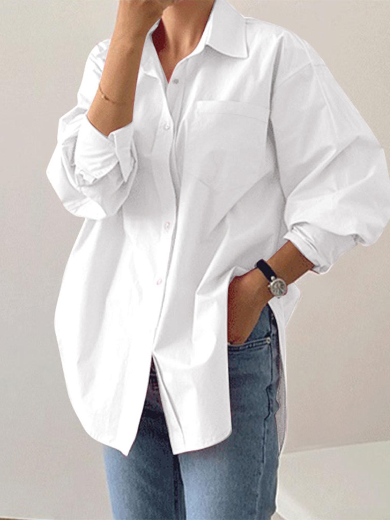 Women's Plain Button Front Drop Shoulder Shirt Blouse, Casual Loose Long Sleeve Collared Top for Fall & Winter, Quality & Durable Women's Clothing for Daily Wear