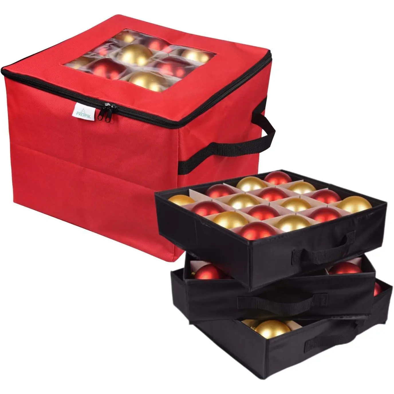 Christmas Ornament Storage Box, Organizer Holds Up to 48 Xmas Balls with 3 Separate Removable Trays, Container has Dividers to Organize Holiday Tree Ornaments (Red)