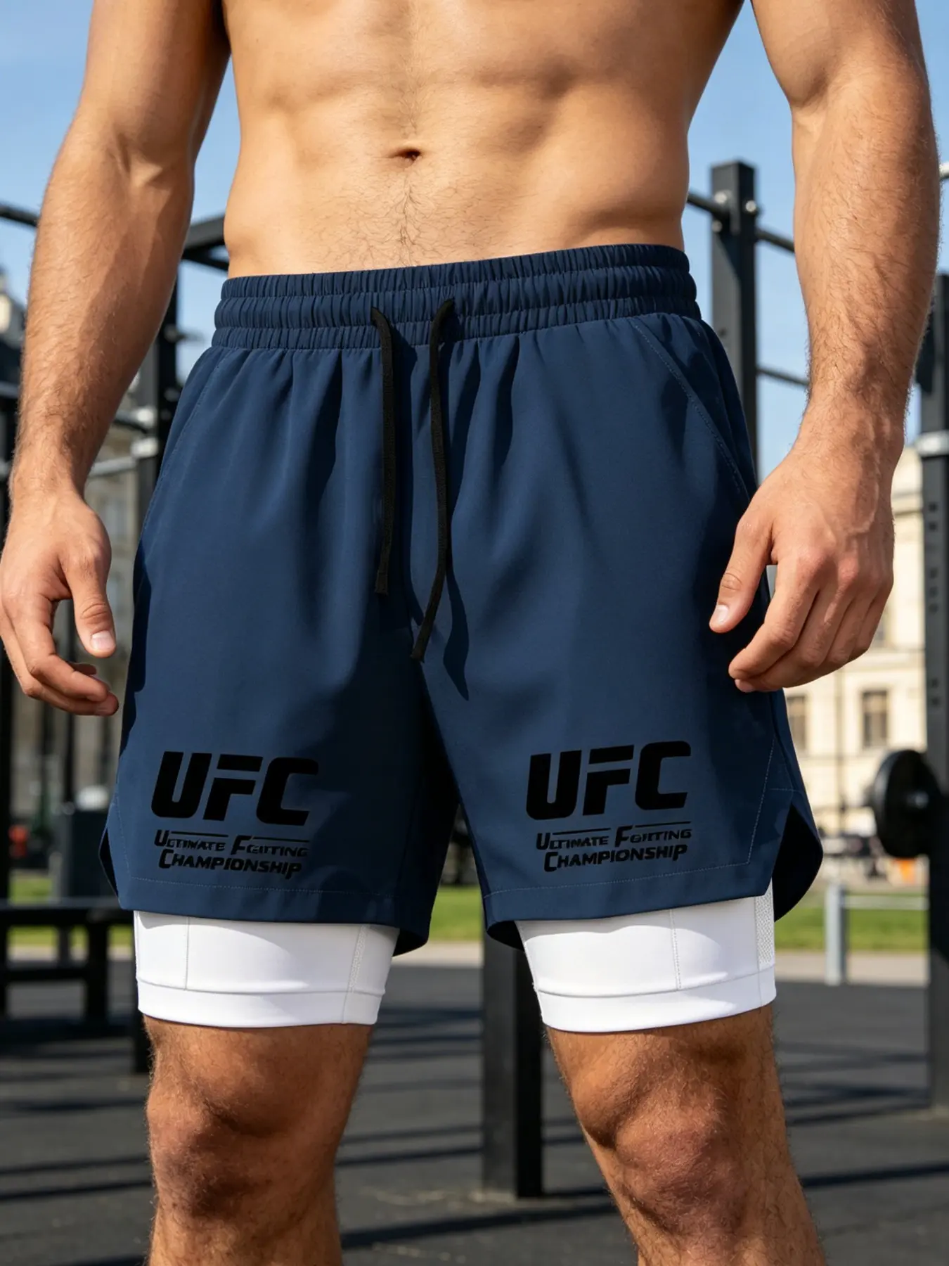 Men's Dual-Layer Shorts, Athletic Wear Shorts, Ufc Print Running Fitness Breathable Sports Wear, Casual Fashion Boxing Training, Comfortable and Stylish