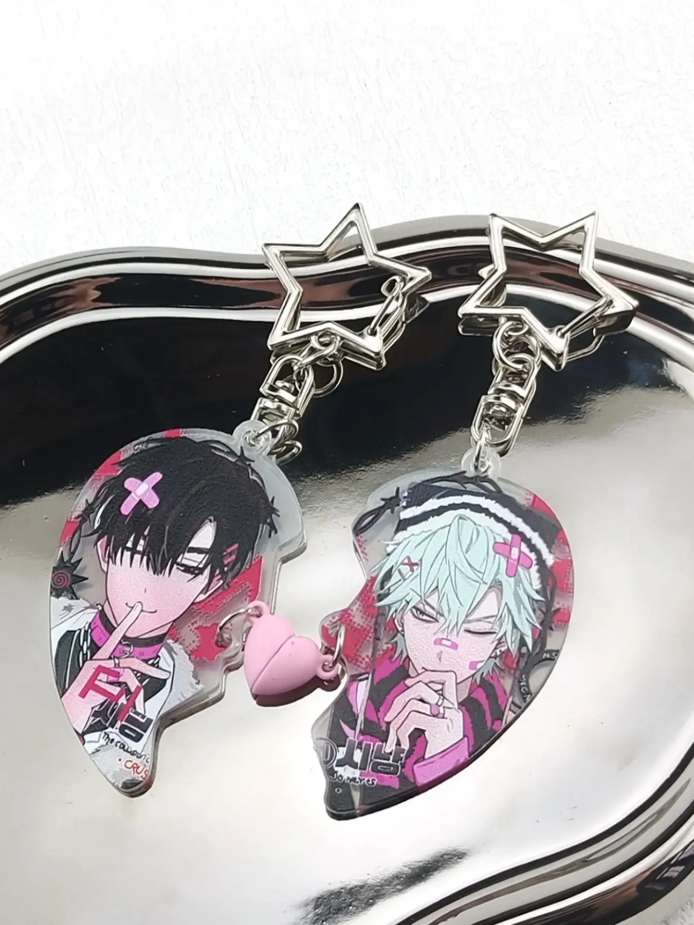 Magnetic Heart Acrylic Keychain Set, Broken Heart Design with Star Charm, Clear Print, Transparent Texture, Perfect for Bags and Keys