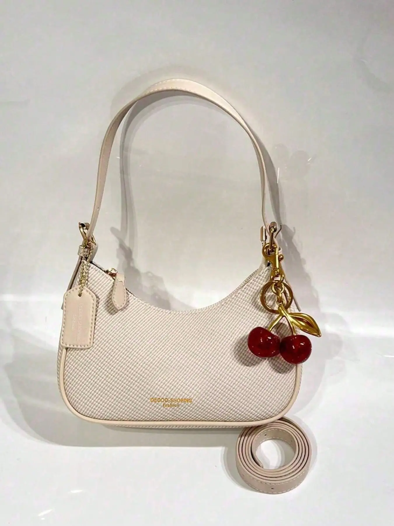 Sweet Girl Dual Carry Straps Slim Shoulder Strap Wide Crossbody Strap Trendy Everyday Casual Hobo Handbag for All Seasons, Cream Textured Twill Woven Fabric Crescent Underarm Purse with Sparkly Red Cherry Pendant,Suitable for Commuting,Shopping,Daily Use