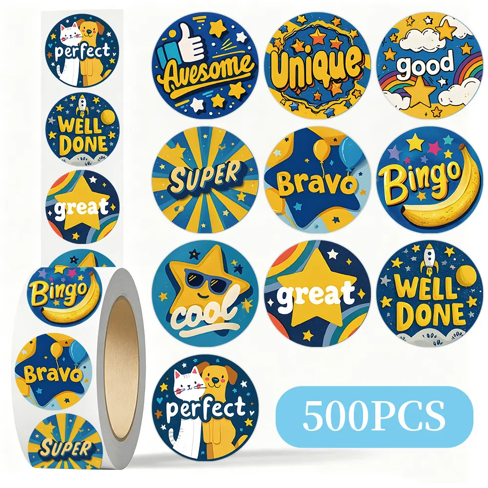 500Pcs Blue Star English Reward Roll Stickers, Cartoon Positive Praise Round Labels for Classroom Incentives, Journal Decor, Planner Accessories, Back To School Office Stationery