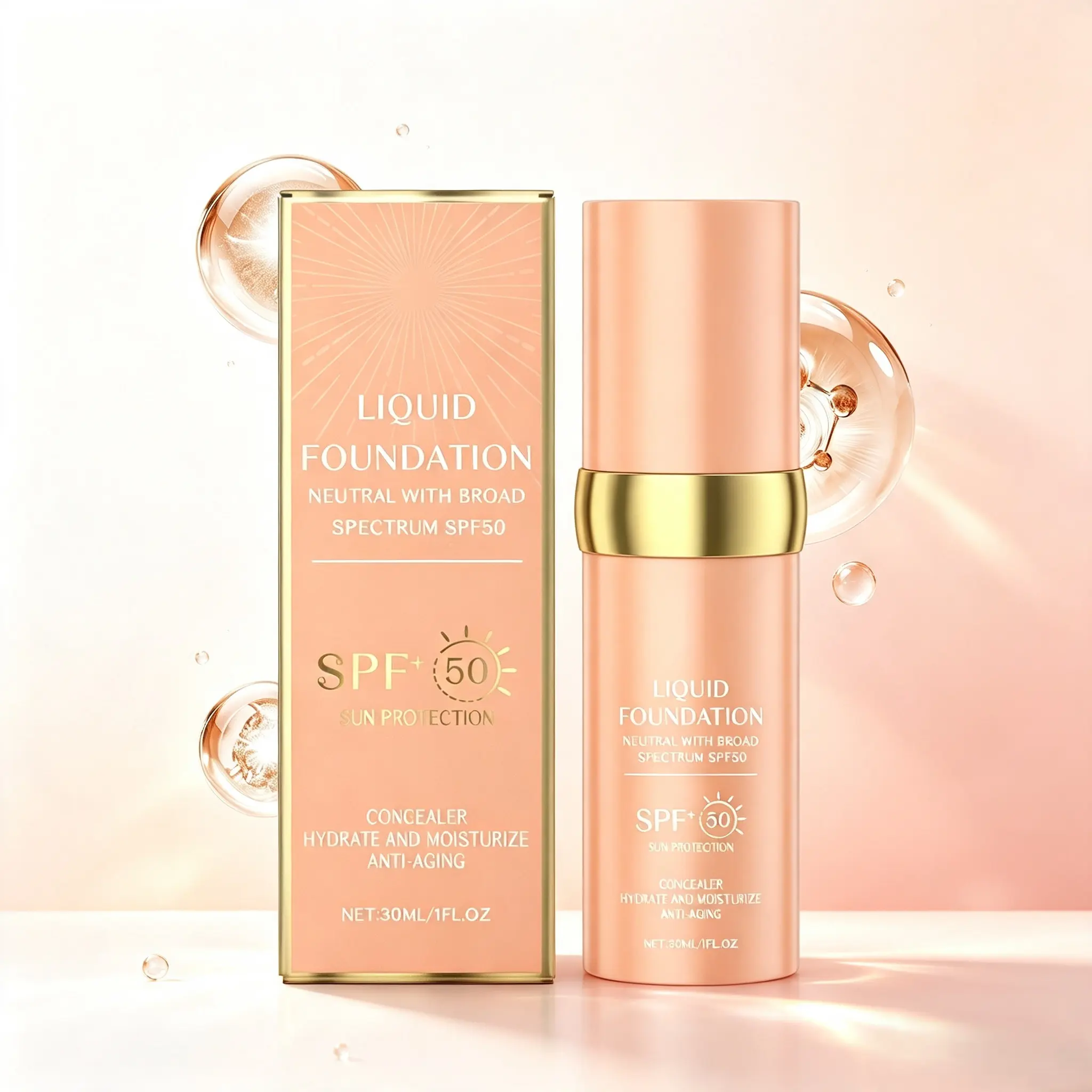 3-in-1 Broad Spectrum SPF50 Liquid Foundation - Hydrating Anti-Aging Sunscreen Concealer, Natural Glow Medium Coverage Makeup Base, 30ml