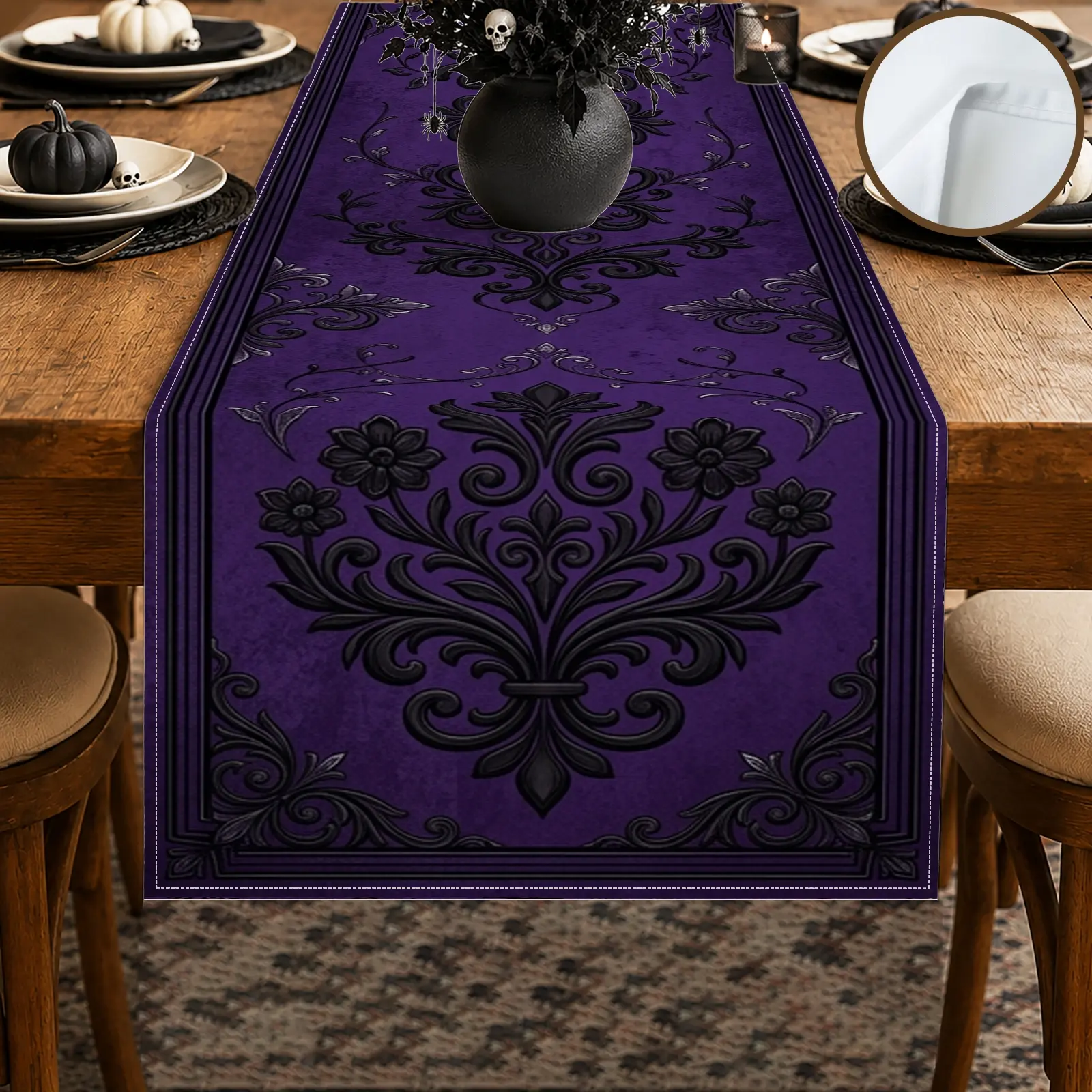 1pc Purple Floral Damask Table Runner, Gothic Vintage Style, Ornate Pattern Design, for Dining Table Home Decor Halloween Party Fall Decor