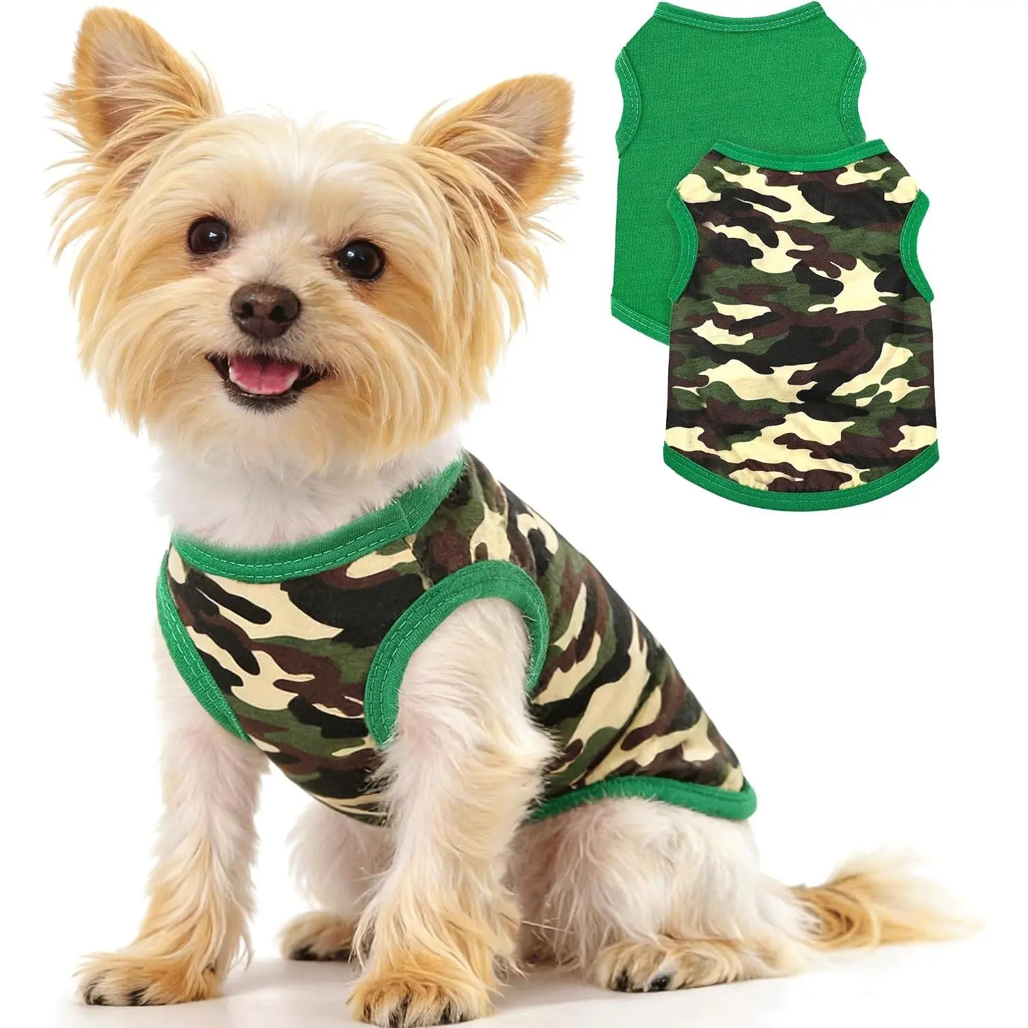 2 Pack  Shirts, Summer Camo  Clothes for Small Dogs Boy Chihuahuas and Yorkies  Tshirt Puppy Outfits Cats Apparel Green Camouflage + Solid Color,XXS