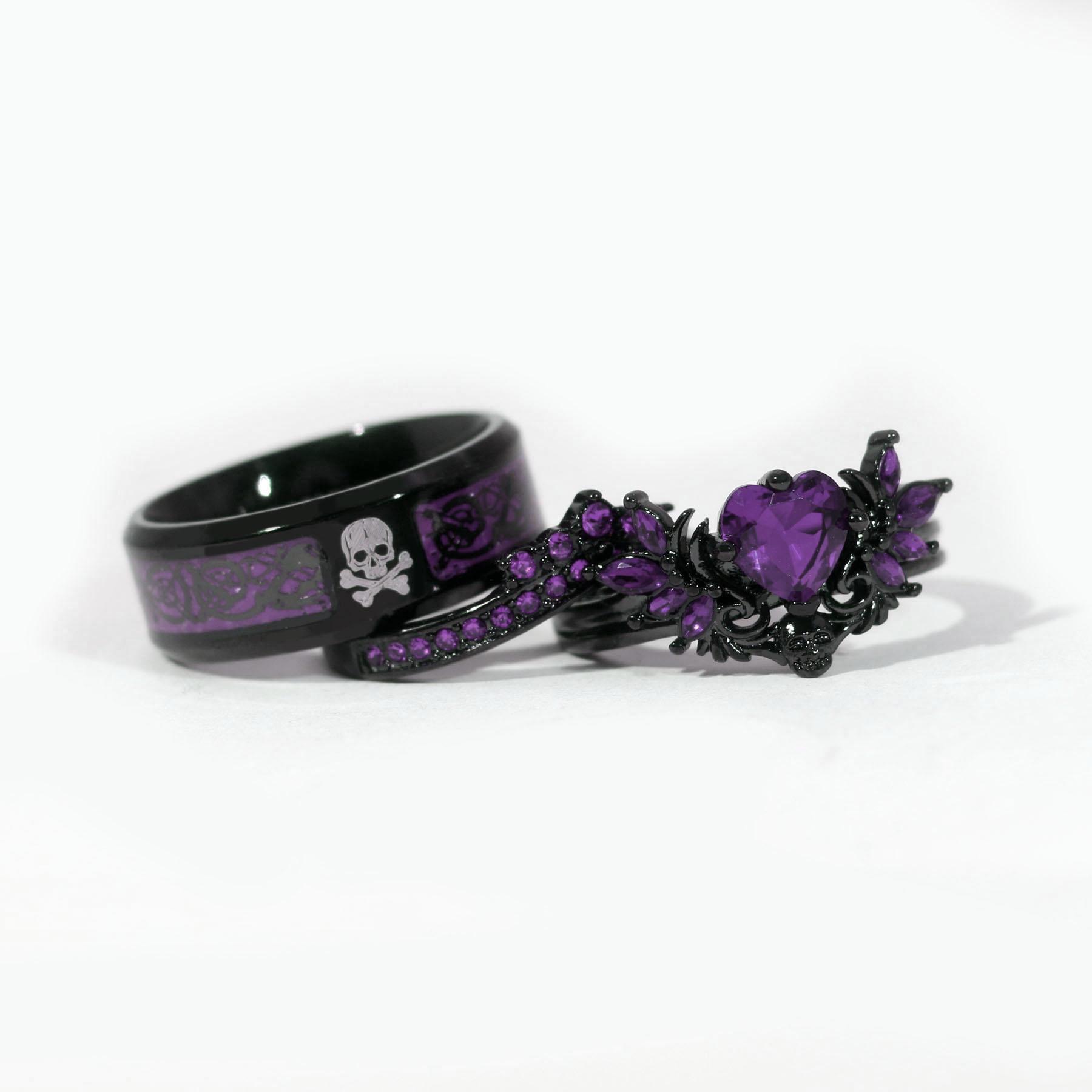 Lvrong Couple Rings Matching Rings Black Wings Skull Ring 1.5ct Heart Purple CZ Womens Wedding Ring Sets Punk Ring