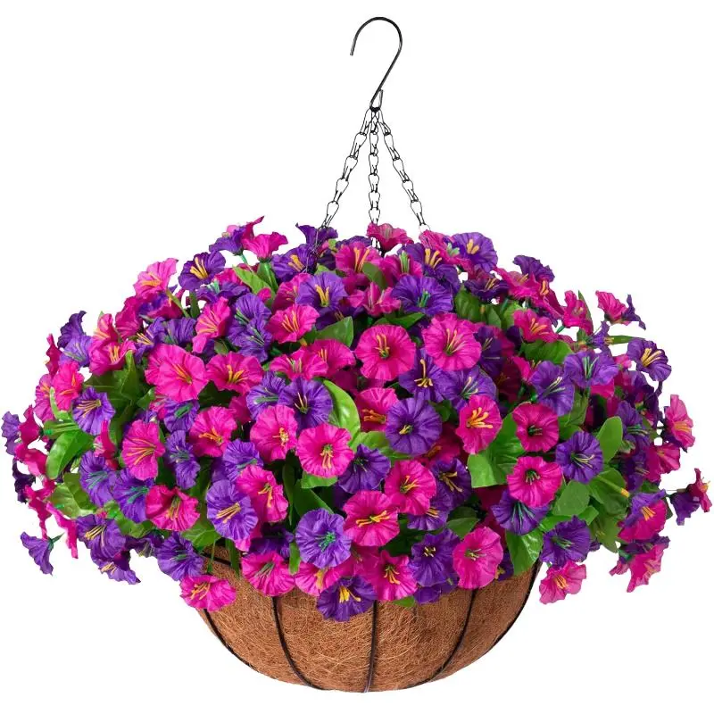 10" Faux Silk Morning Glory Hanging Planter Set Lifelike Blooms for Spring Summer Patio Garden Front Porch Decoration Hanging Plant Pot No Maintenance
