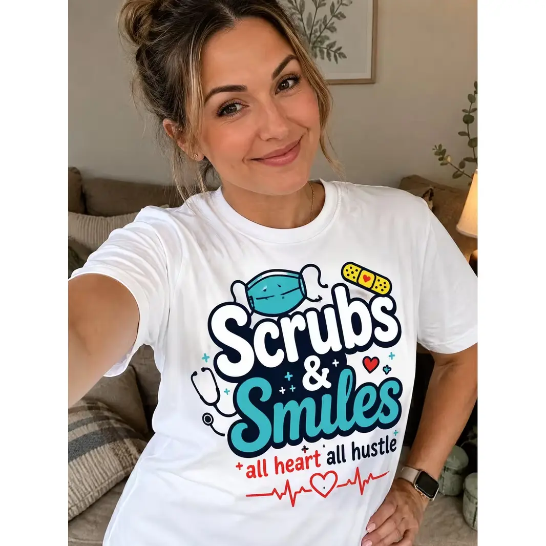 Scrubs And Smiles Nurse Medical Graphic Oversized Cotton T‑Shirt,Comfort Fashion Outfit,Best Holiday Gift For Healthcare Worker Friend Family Lover