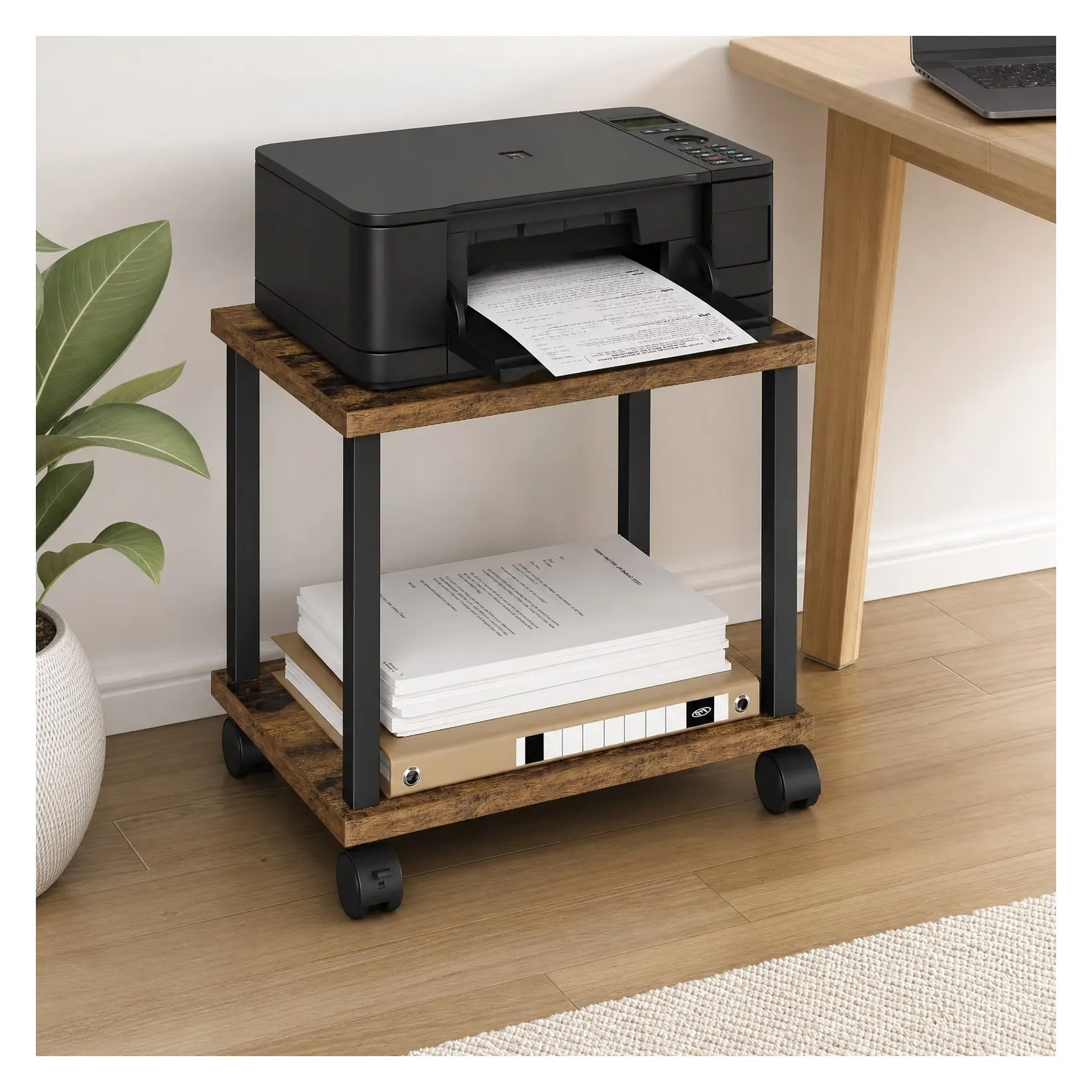 2-Tier Under Desk Printer Stand with Wheels, Rolling Printer Cart, Printer Shelf for Small Spaces, Home Office Printer Table, Rustic BrownGift
