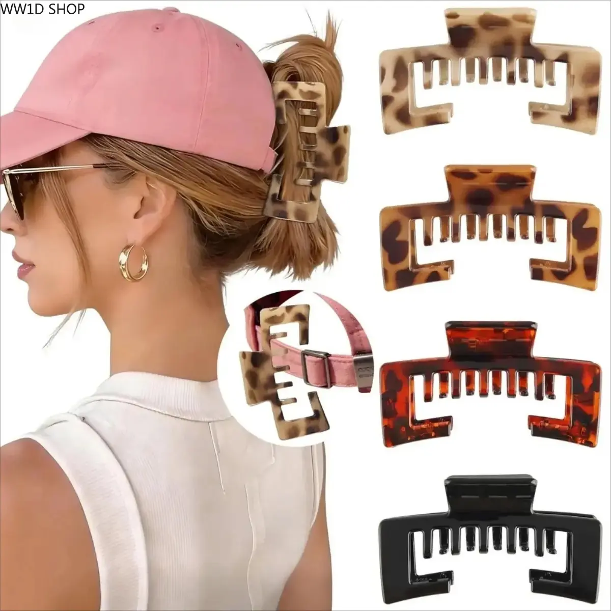 Women's 4-Pack Animal Print High-Quality Plastic Hat-Friendly Hair Claw Clips, Strong-Hold Styling Clamps for Thick Hair, Casual Everyday Wear Female Baseball Cap Hairstyles
