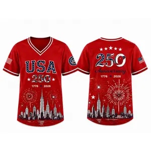 USA 1776–2026 250 Anniversary Inspired Patriotic Baseball Jersey for Men & Women, Red V Neck Short Sleeve Lightweight Polyester Shirt with Fireworks City Skyline Graphic Print, 4th of July Summer Party Streetwear Top