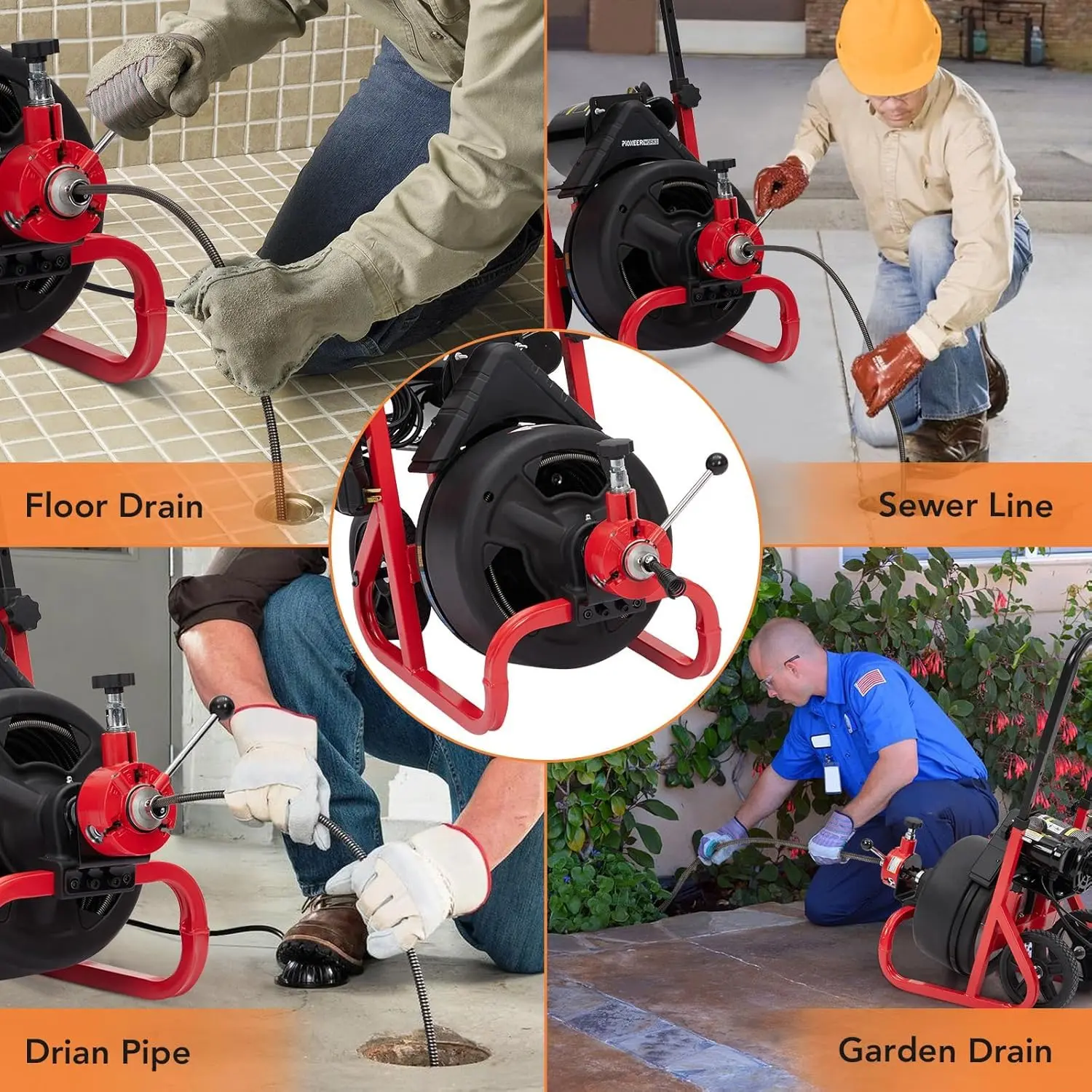 Garvee Electric Drain Cleaner Machine – 100FT x 3/8" Steel Core Cable, 370W Motor, Auto-Feed Sewer Snake Auger, 6 Cutter Heads, Air-Activated Foot Switch, Professional for 2"-4" Pipes – Ideal for Household & Commercial Use