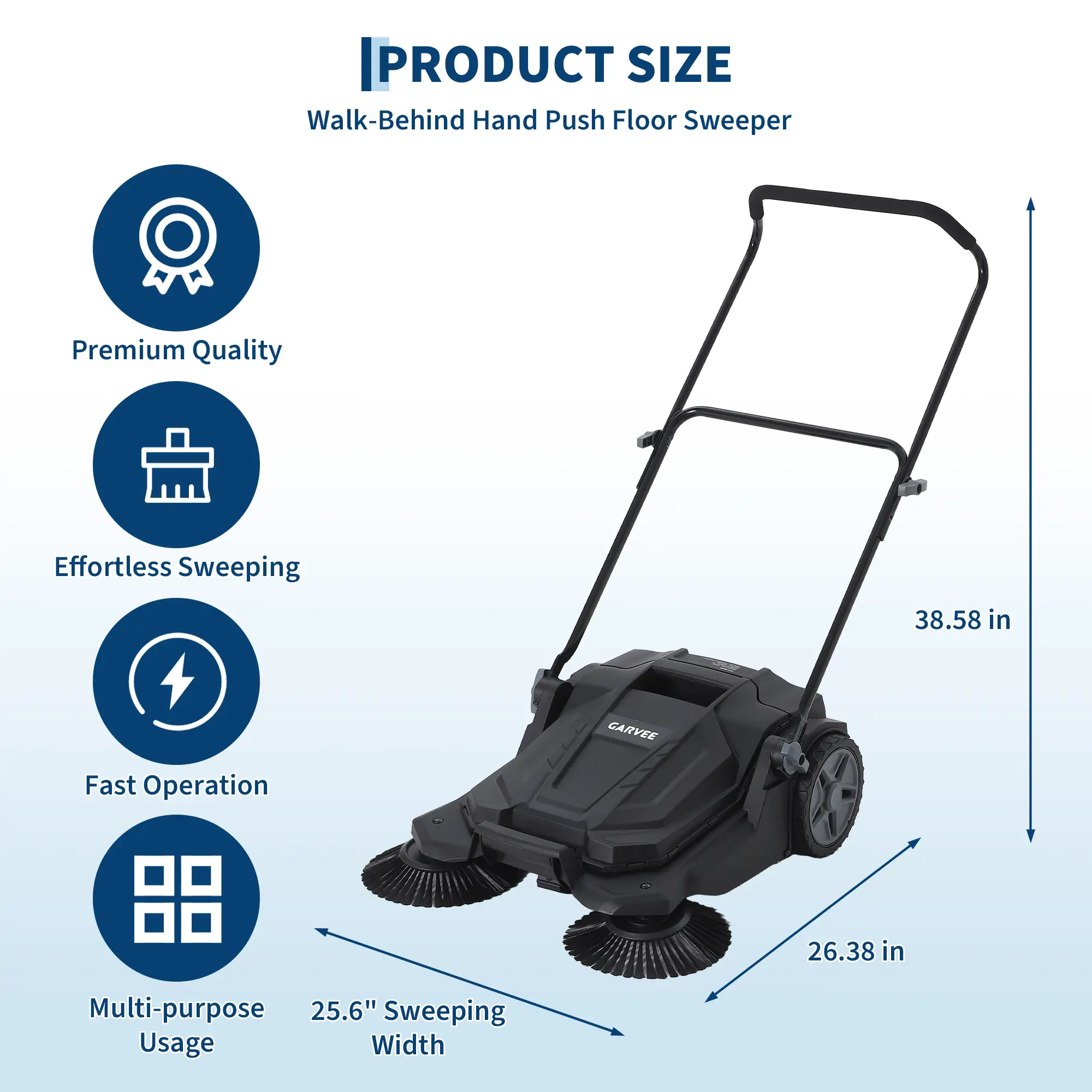 Heavy Duty Walk-Behind Manual Floor Sweeper, 25.6 Inch Sweeping Width Push Sweeper with 5-Gallon Debris Bin, Non-Electric Adjustable Folding Handle Outdoor Cleaner for Garage, Workshop, Driveway, Patio & Yard