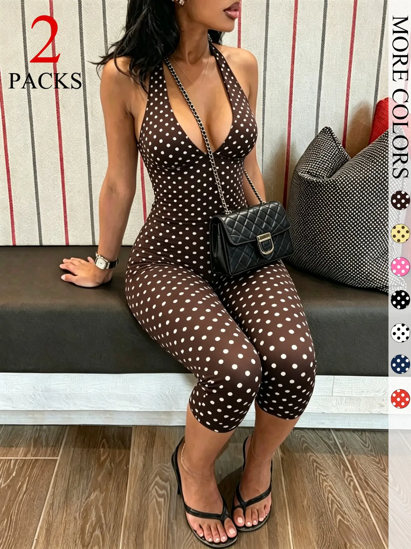 2-Pack Women's Polka Dot Halter Neck Top & Capri Pants Set, Slim Fit Summer Outfits, Trendy Boho Chic Bohemian Streetwear for Daily Wear & Vacation