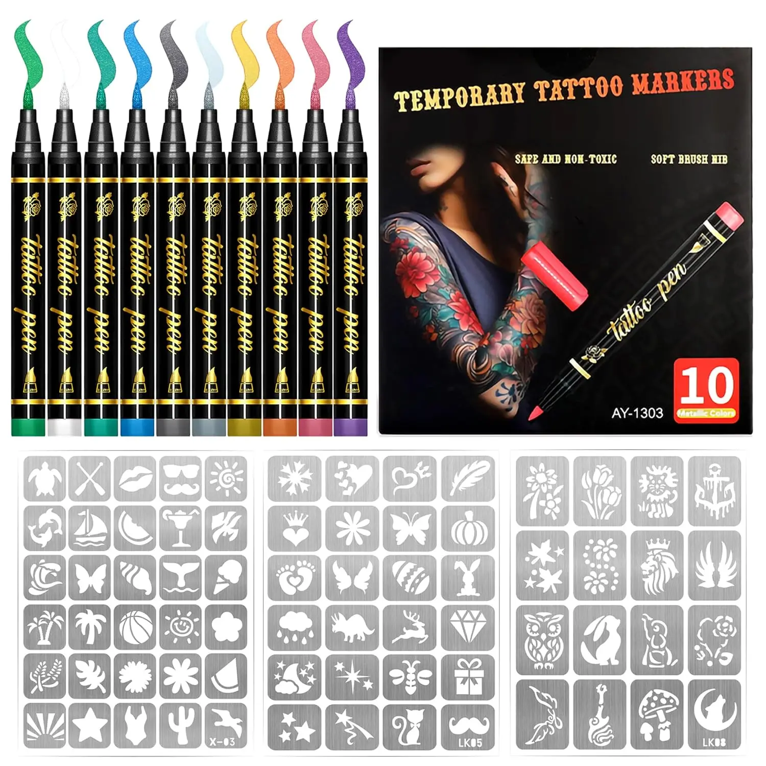 Temporary Tattoo Markers Skin, 10 Body Markers+70 Tattoo Stencils,Safe Non-Toxic Water-Based Ink, Soft Brush Nib,Temporary Art Drawing, Washable Markers Face & Body Art, Party Favor