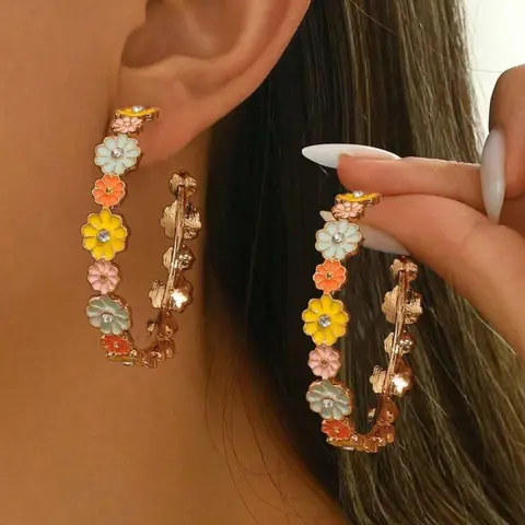 Cute Floral Resin Druzy Hoop Earrings, Hoops Earrings, Fashionable Colorful Earrings, Perfect Gift for Girlfriend, Sister, Mother, Ideal for Daily Wear, Fashion Jewelry Earrings
