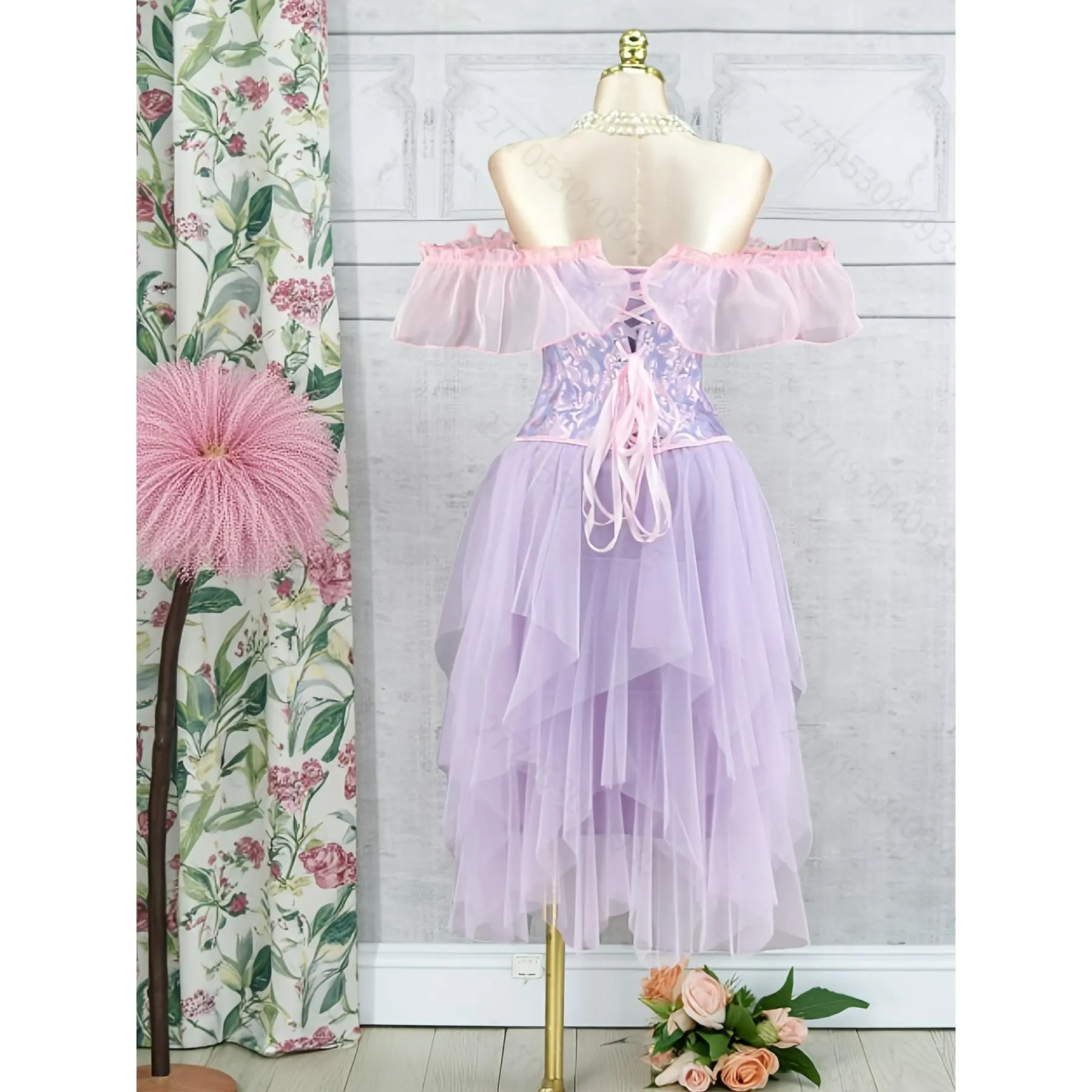 Pastoral Style Lapel Jacquard Wedding Corset And Irregular Mesh Half-Skirt, for Weddings, Parties, Carnival, Halloween, Easter, Fair, Elegant Party, Role-Play