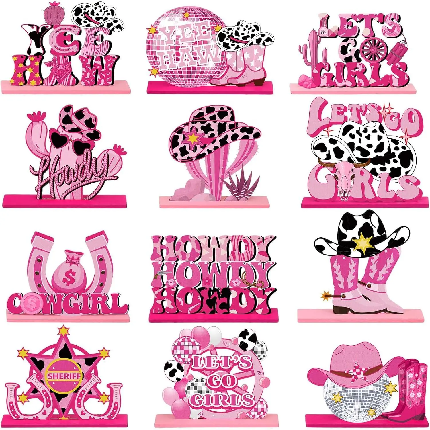 12 Pcs Small Size 3.94 in Pink Cowgirl Western Wood Signs - Western Home Decor, Dining Table Centerpiece, Bachelorette Party Accessory
