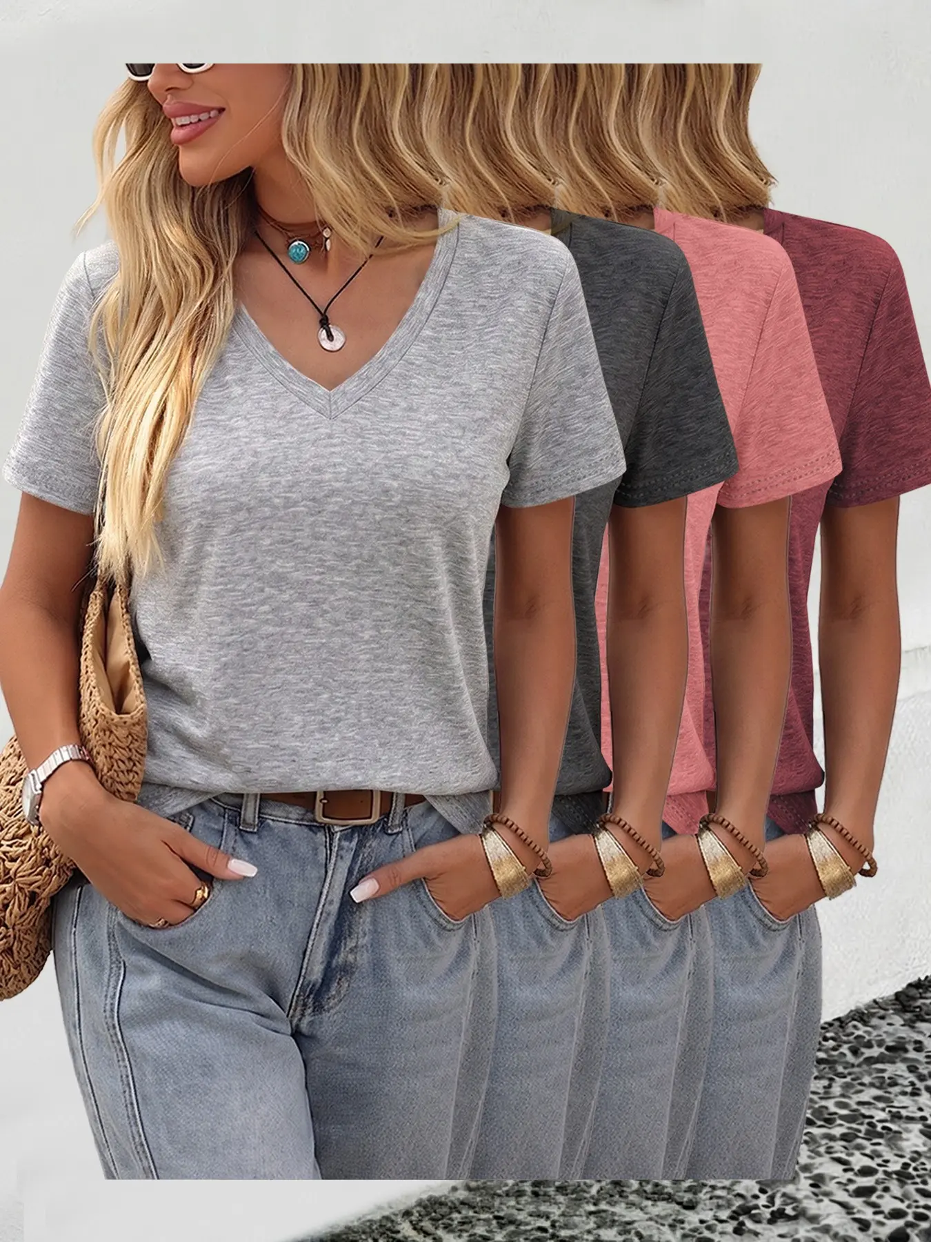 4-Pack Women's V Neck Short Sleeve Casual T-Shirts Silky Smooth Texture Lounge Stretch Tees