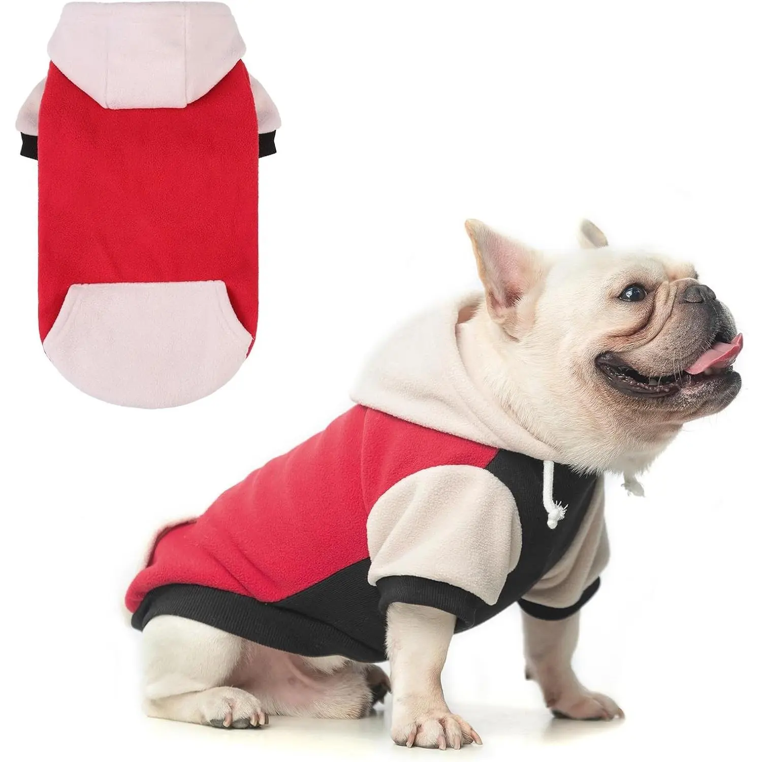 Fleece Dog Hoodie Sweatershirt with Pocket and Leash Hole, Stretchy Small Medium Large Sized Dogs Clothes for Fall Winter Cold Days, Color Designer Warm Dog Jackets,French Bulldog Coats