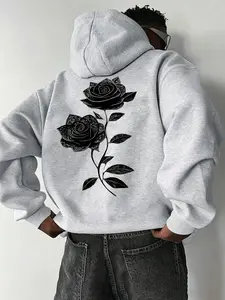 Men's Fall Winter Fashion Hoodie, Streetwear Style, Rose Print, Casual Sporty, Loose Fit, Daily Wear, Outdoor Activities