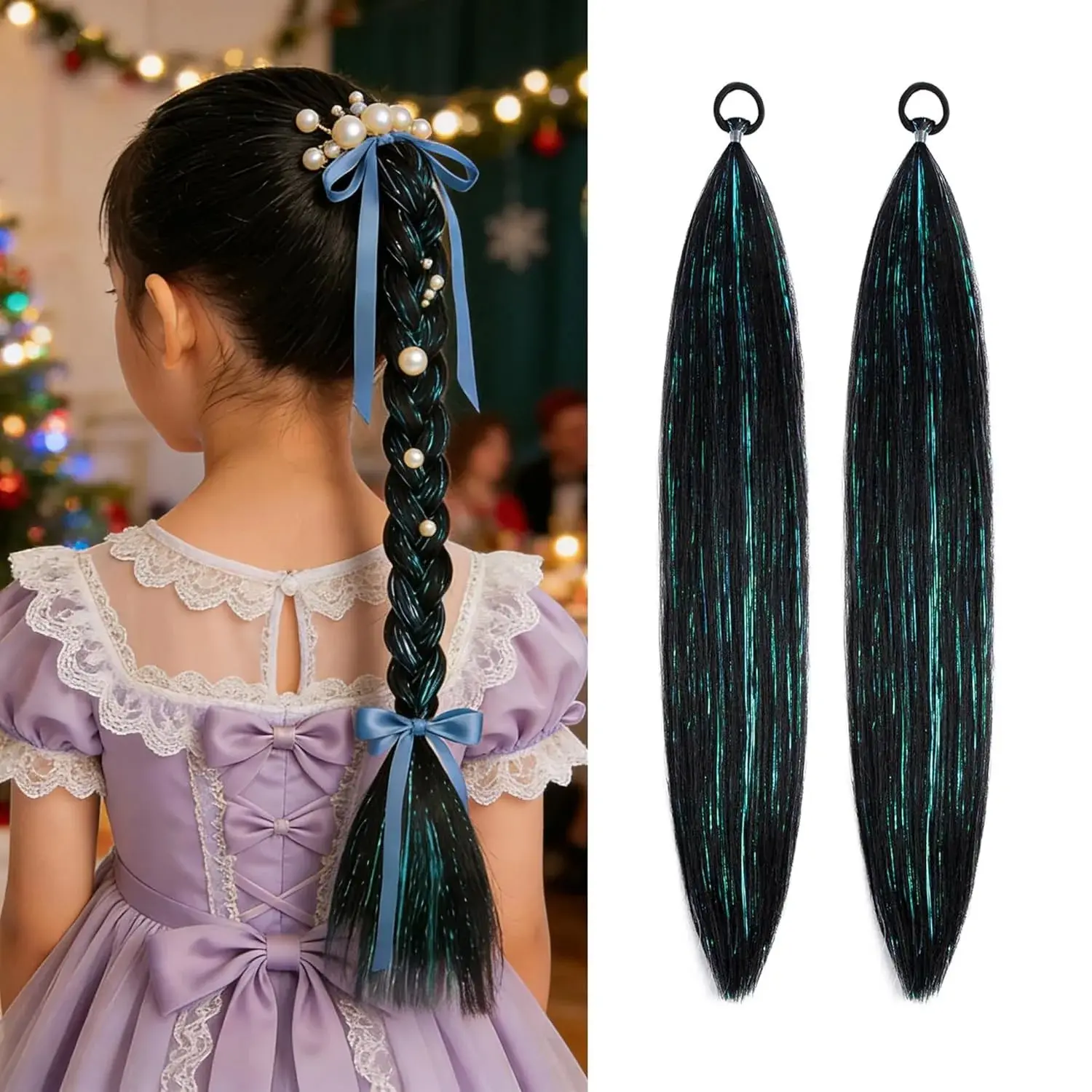 Black Braided Ponytail Extension with Sequins, 26 Inch 2 Pack with Elastic Cord, Shiny Hair Styling Accessories for African Hair Braiding, African Hair Braiding Hair Styling Accessories
