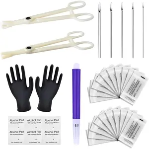 Piercing Kit 36Pcs Piercing Clamps Kit with 25Pcs Mixed 12G 14G 16G 18G 20G Ear Nose Piercing 2Pcs Piercing Clamps Forceps 6Pcs Clean Tools 2Pcs Gloves 1Pc Marker Pen for Piercing Tool