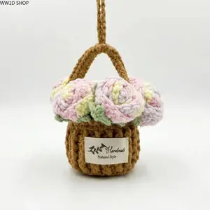 Handmade Crochet Flower Basket Car Hanging Charm for Rearview Mirrors, Boho Vehicle Interior Decoration, Lightweight Decorative Accessory