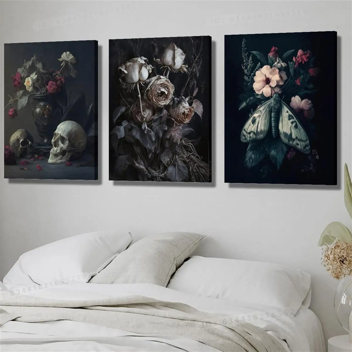 3-piece framed set - Black floral gothic skull moth art print themed canvas wall art framed picture, 2D flat, suitable for Halloween, Christmas, winter and summer, suitable for him/her, bedroom, living room, bathroom, home office room aesthetic decoration